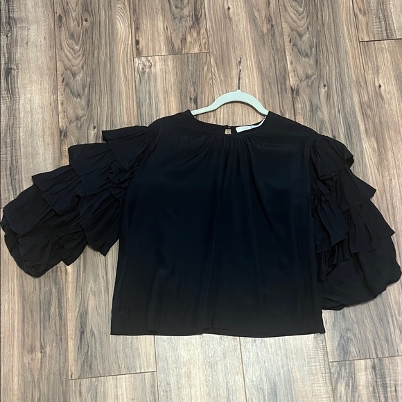 Marie Oliver Ferne Top | Black Ruffle Puff Sleeve Blouse | Silk Blend | Size S - Picture 2 of 9